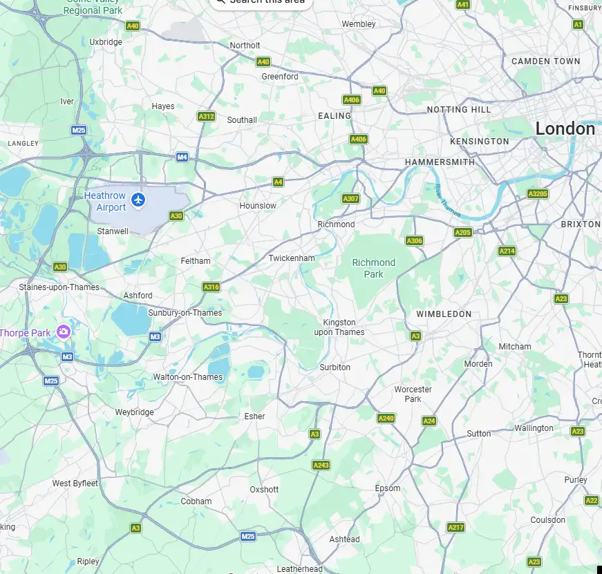 Map showing the areas covered by Rexton Roofing